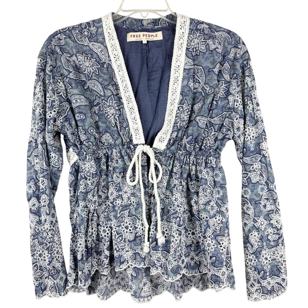 Free People Anissa Bed Jacket Eyelet Lace Tie Front Blue Combo Size S Beach Boho - Picture 6 of 15